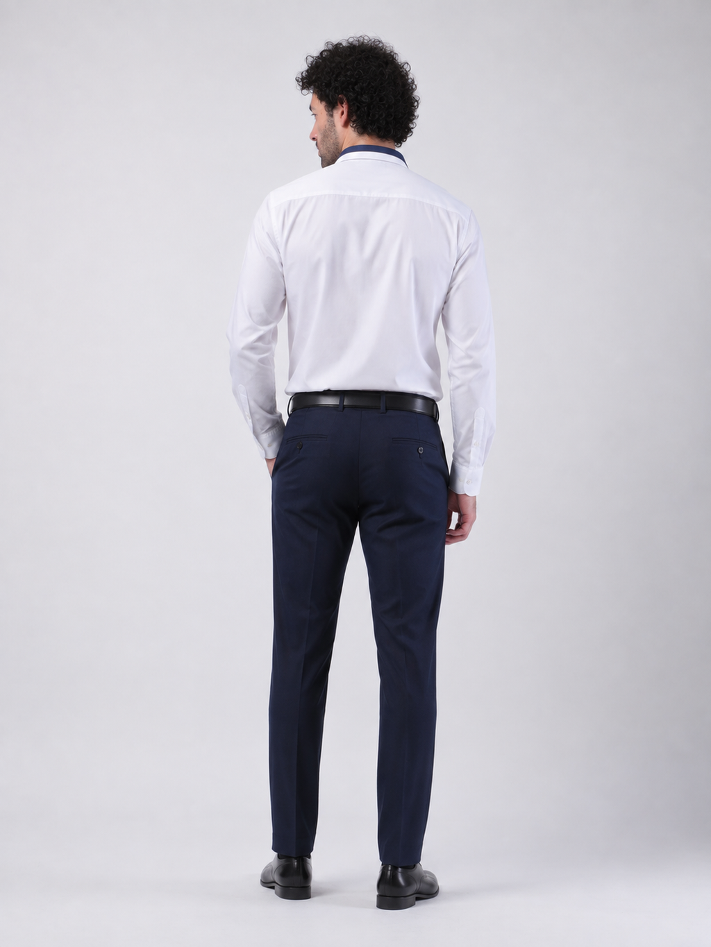 White Full Sleeve Formal Shirt with Contrast Navy Blue Collar