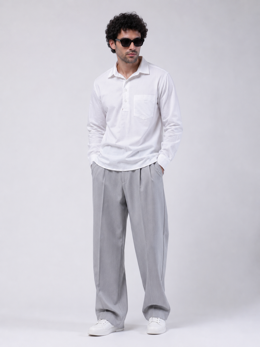 White Full Sleeve Polo Placket Shirt with Classic Collar
