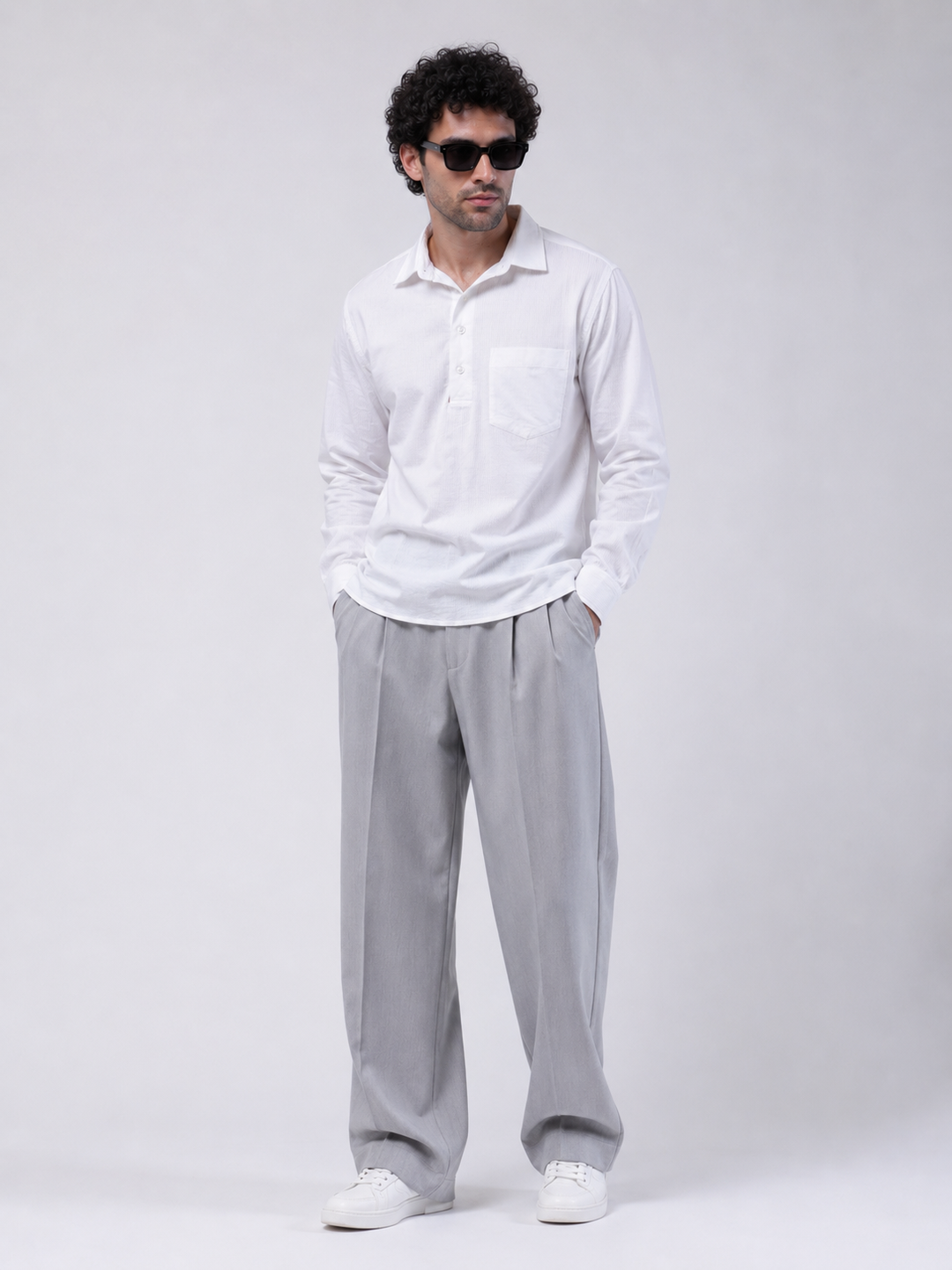 White Full Sleeve Polo Placket Shirt with Classic Collar