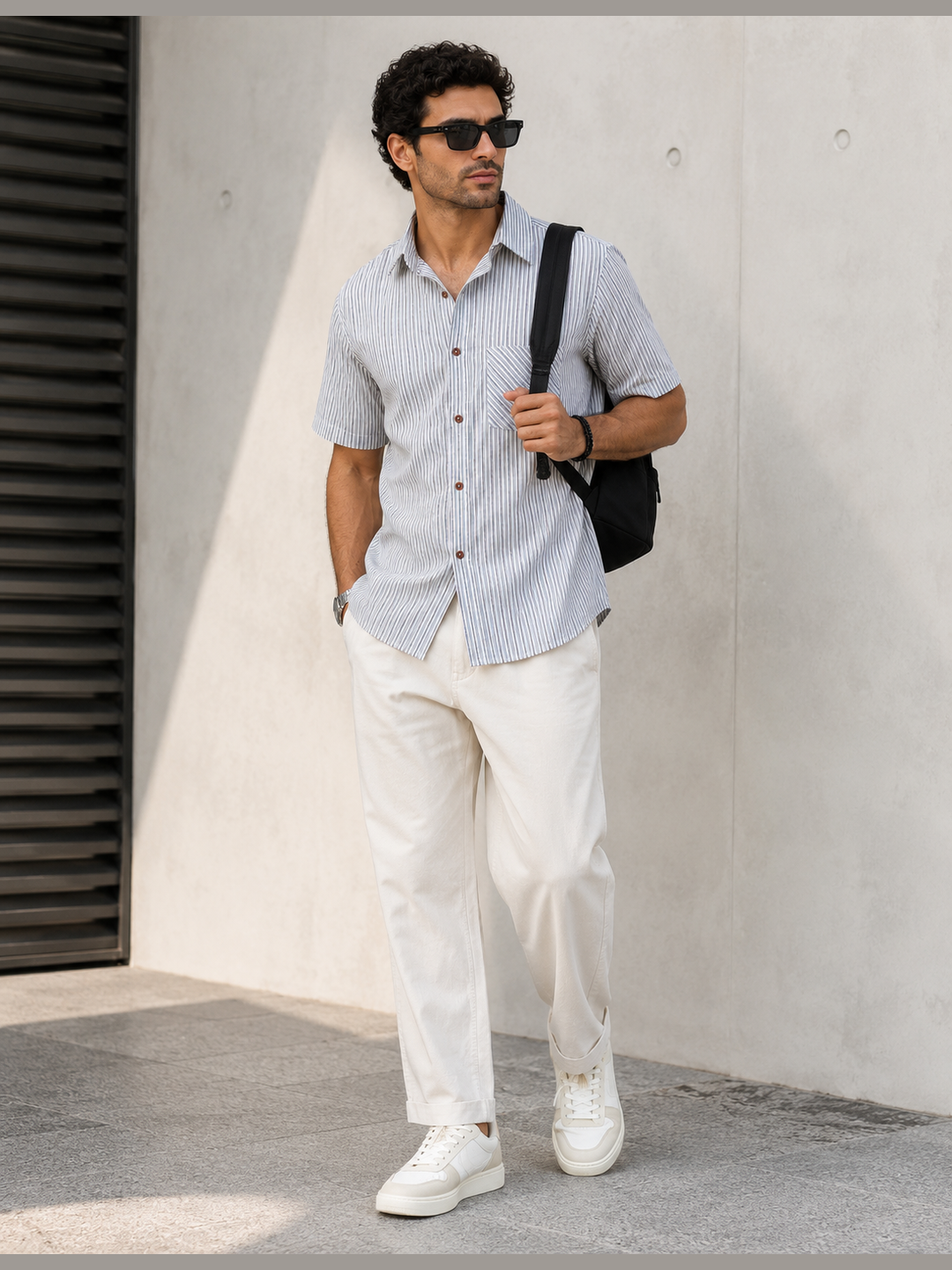 Men’s Light Blue Striped Short-Sleeve Casual Shirt with Chest Pocket