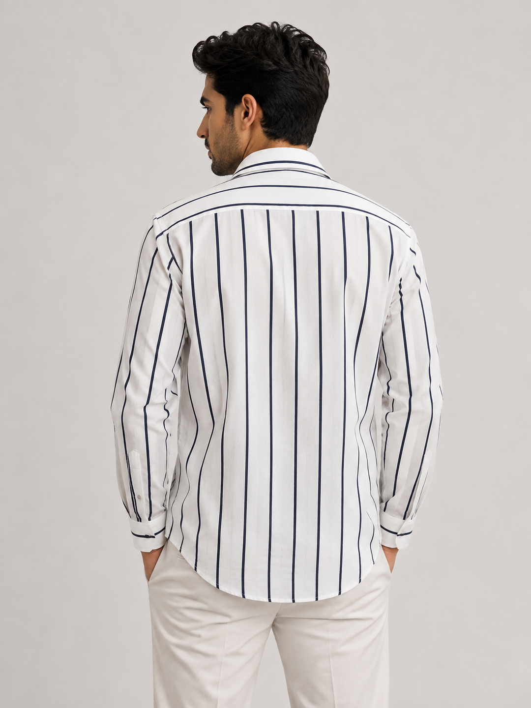 White & Navy Blue Vertical Stripe Full Sleeve Formal Shirt