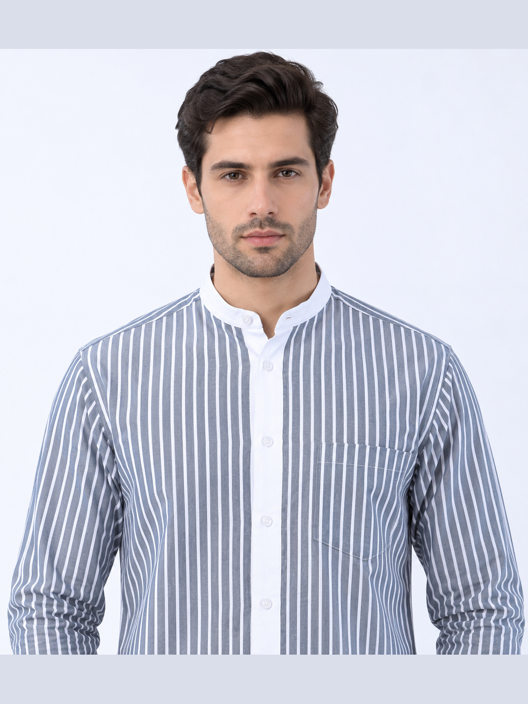 Grey & White Striped Mandarin Collar Shirt