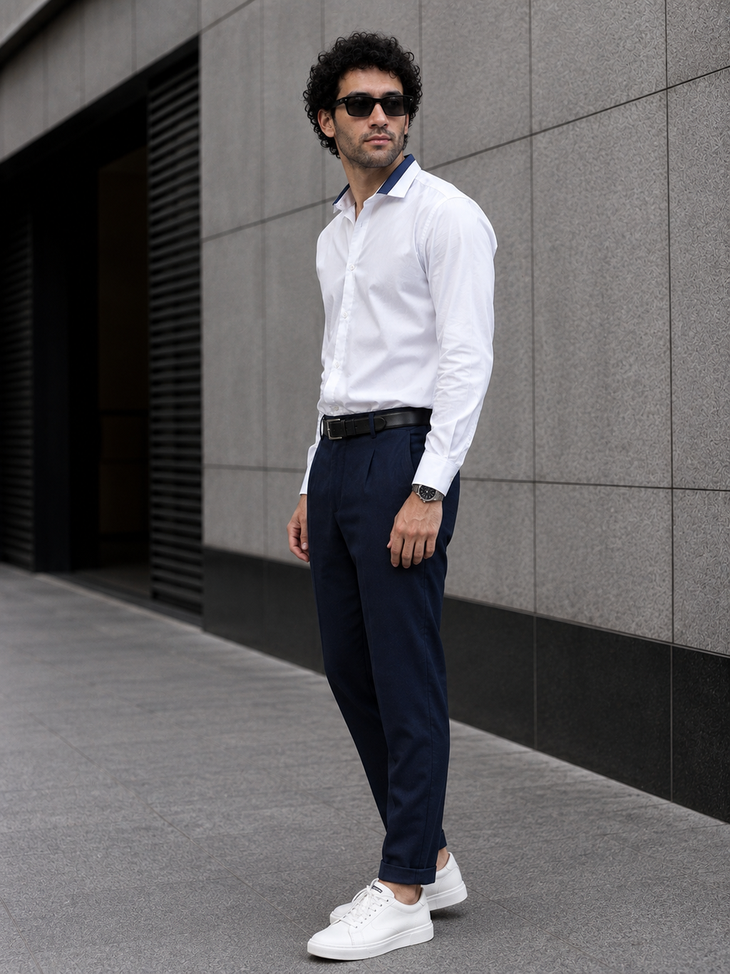 White Full Sleeve Formal Shirt with Contrast Navy Blue Collar