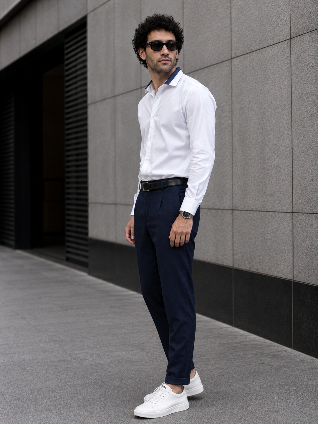 White Full Sleeve Formal Shirt with Contrast Navy Blue Collar
