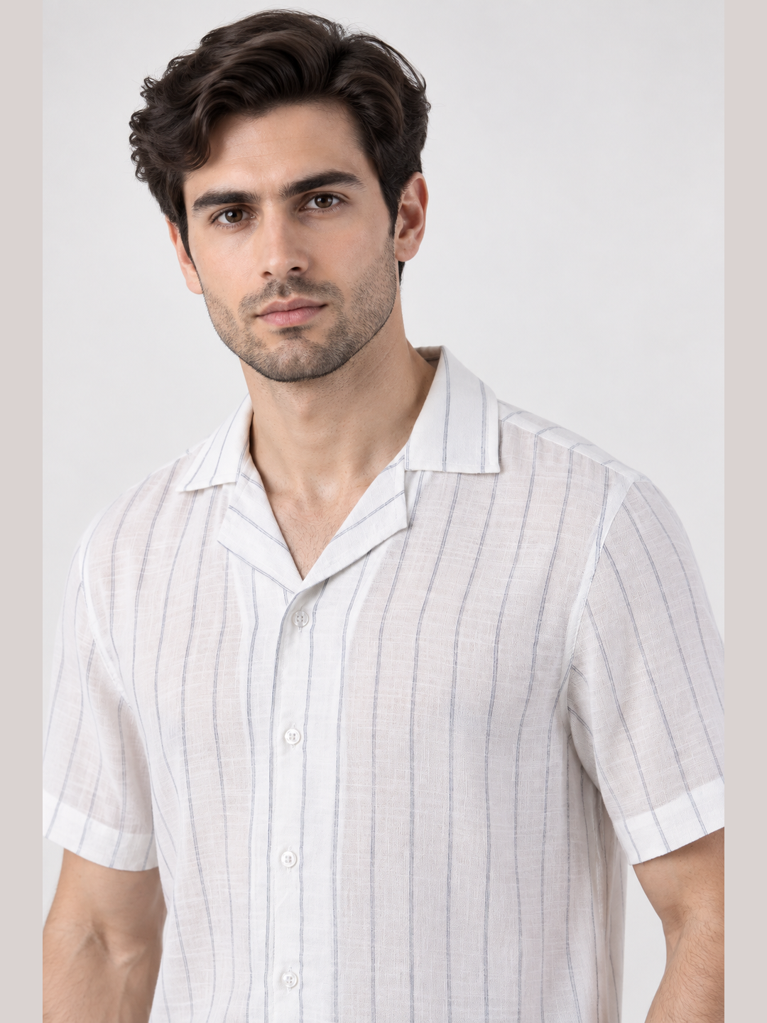 White & Grey Vertical Stripe Short Sleeve Cuban Collar Shirt