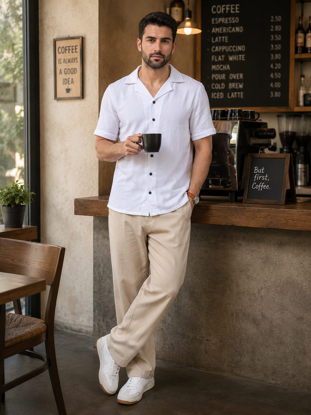White Short Sleeve Cuban Collar Textured Shirt