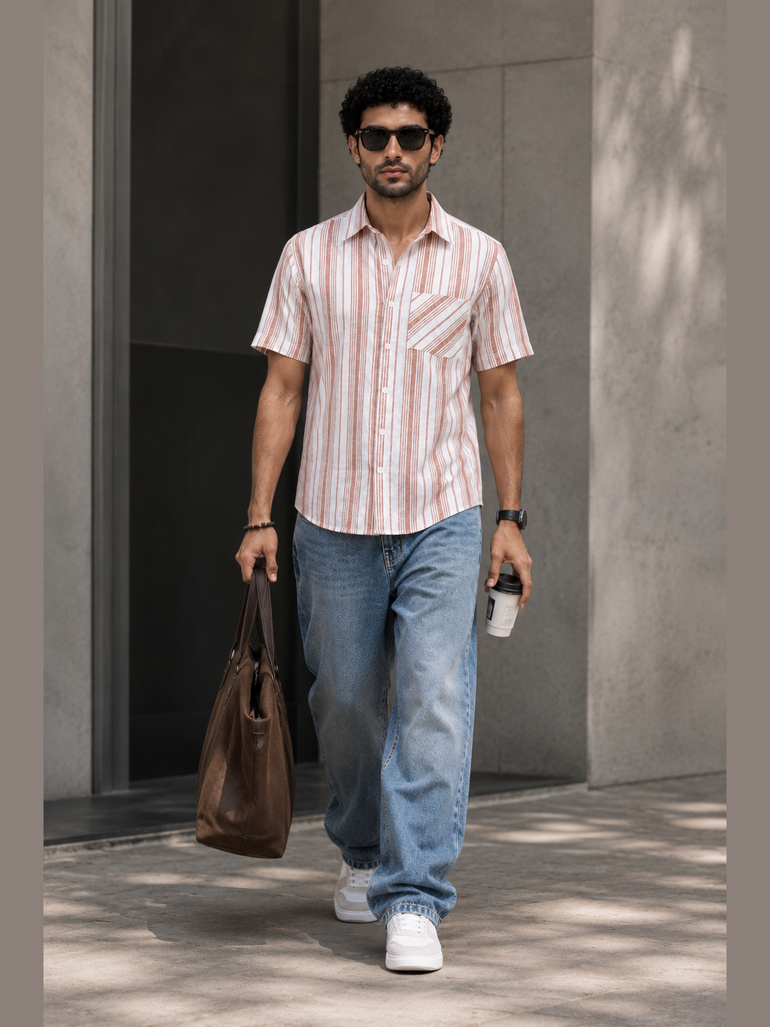 Men’s Pink & White Striped Casual Shirt with Relaxed-Fit Denim