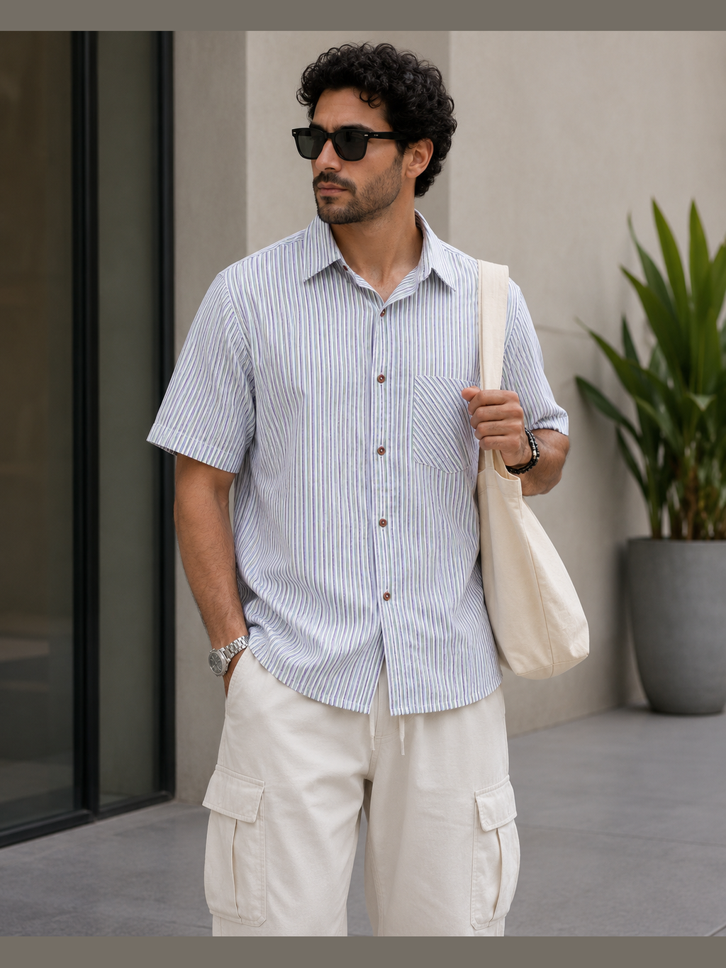 Men’s Light Blue Striped Short-Sleeve Casual Shirt with Chest Pocket