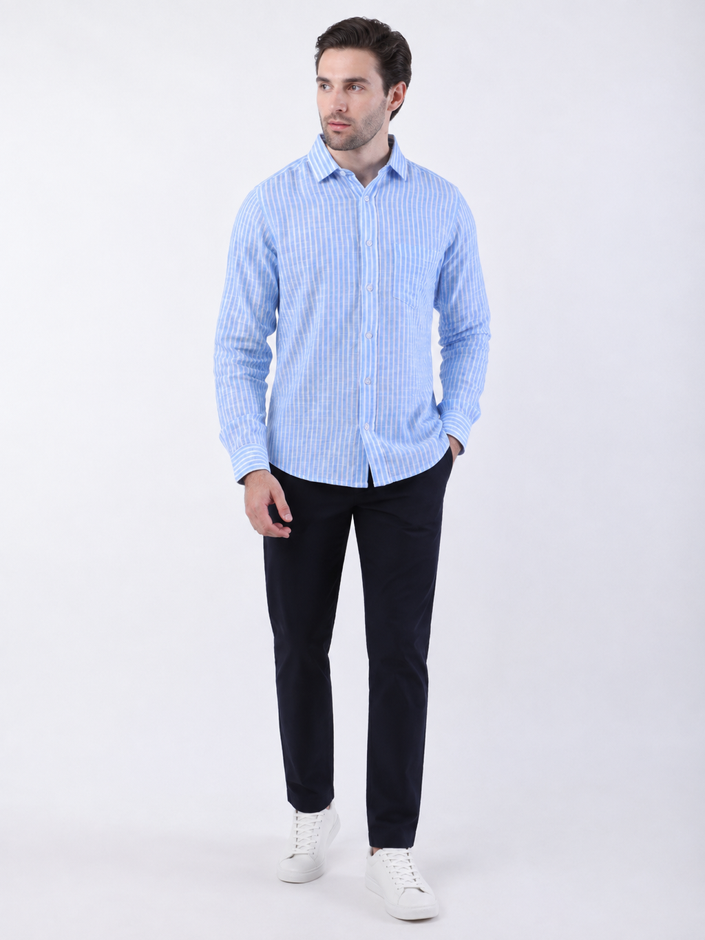 Light Blue & White Vertical Stripe Full Sleeve Formal Shirt