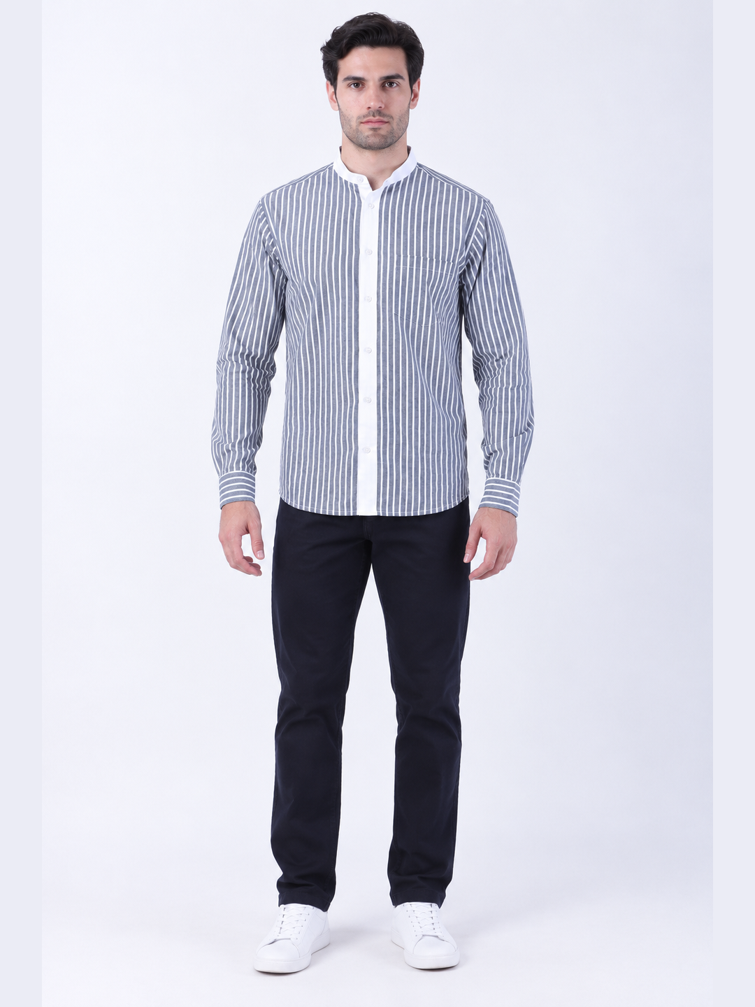 Grey & White Striped Mandarin Collar Shirt