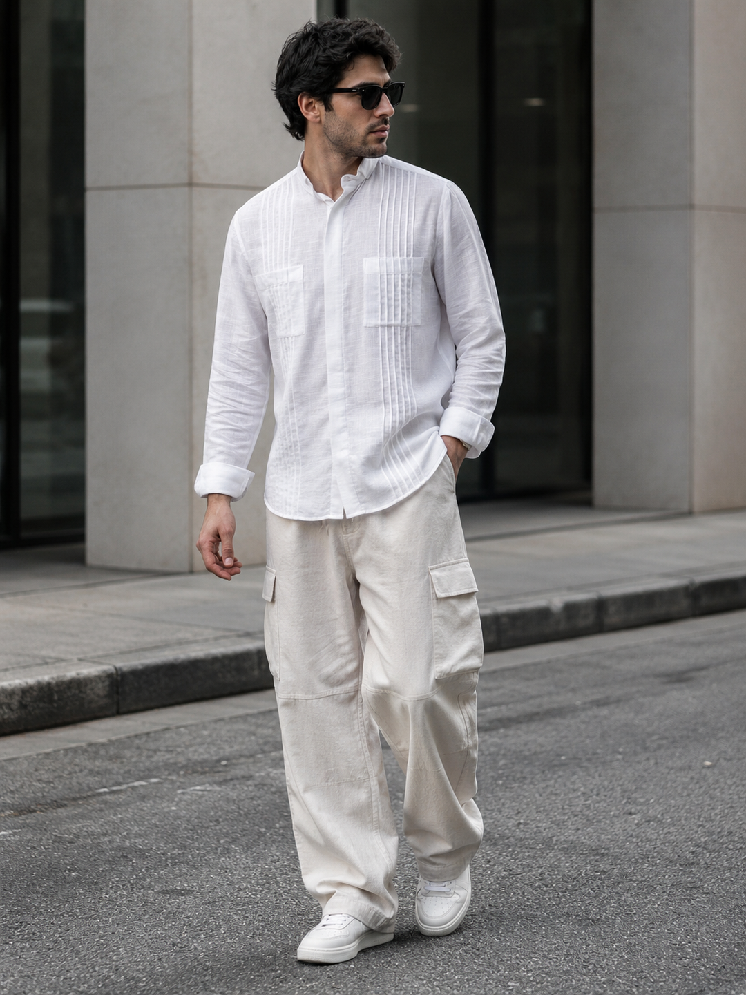 White Textured Full Sleeve Shirt with Mandarin Collar