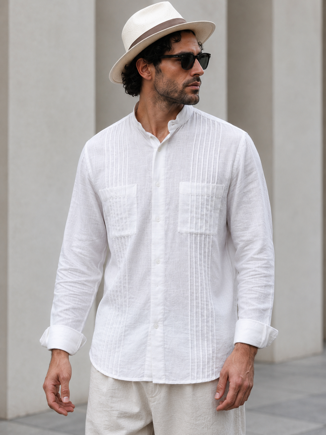 White Textured Full Sleeve Shirt with Mandarin Collar