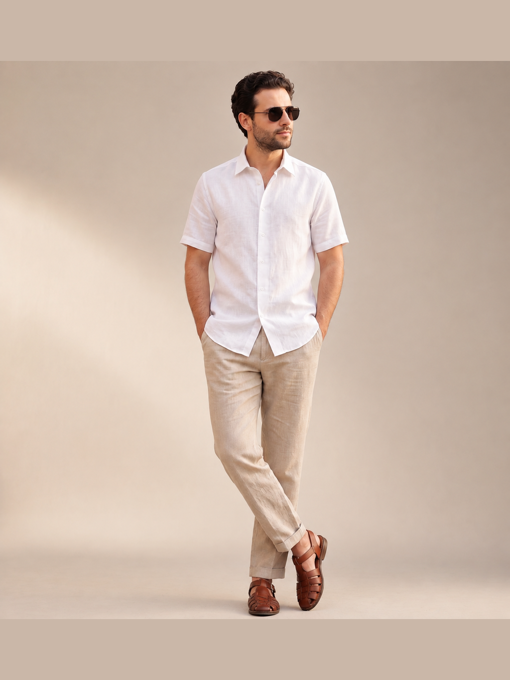 White Short Sleeve Casual Shirt with Classic Collar
