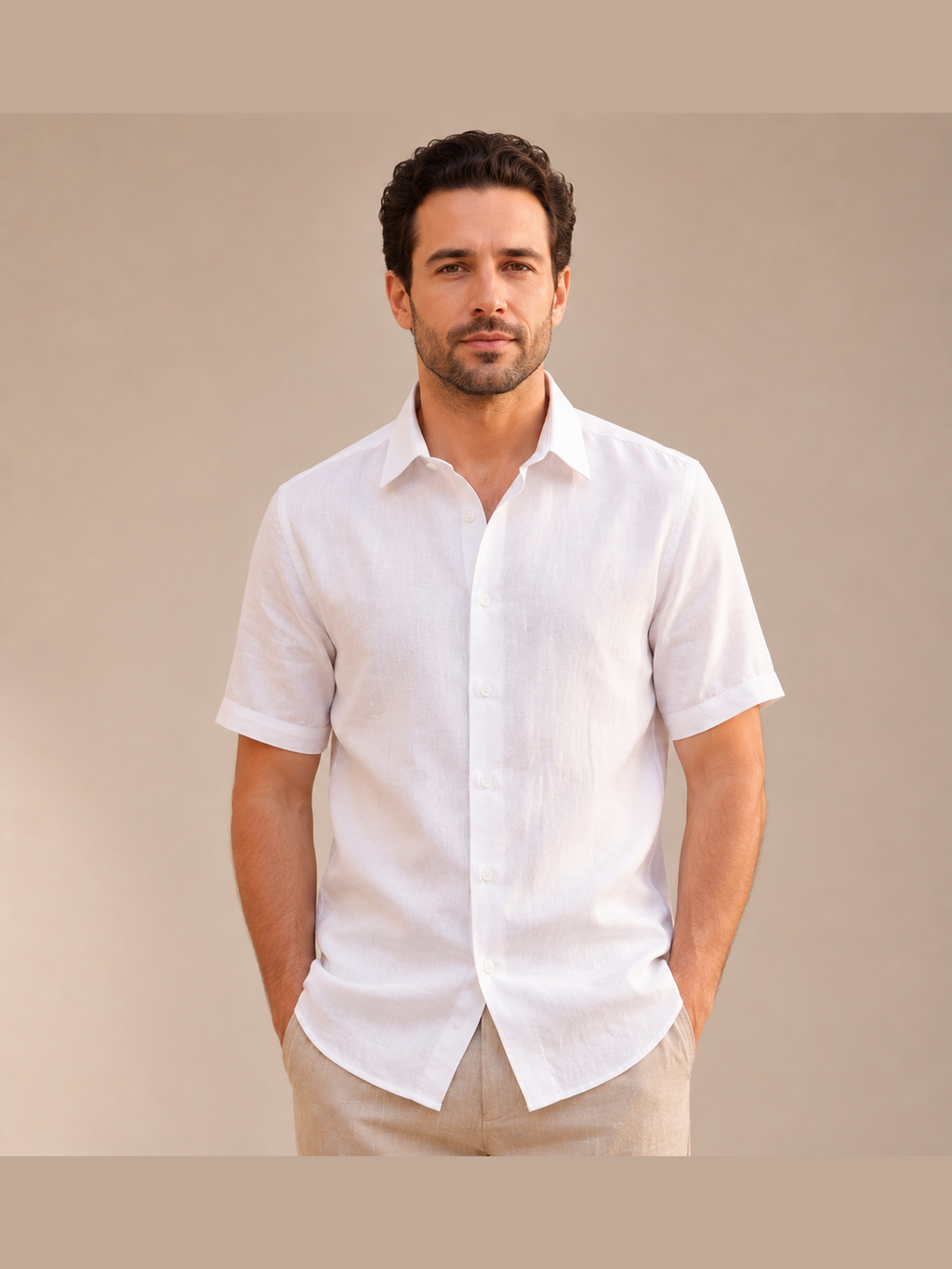 White Short Sleeve Casual Shirt with Classic Collar